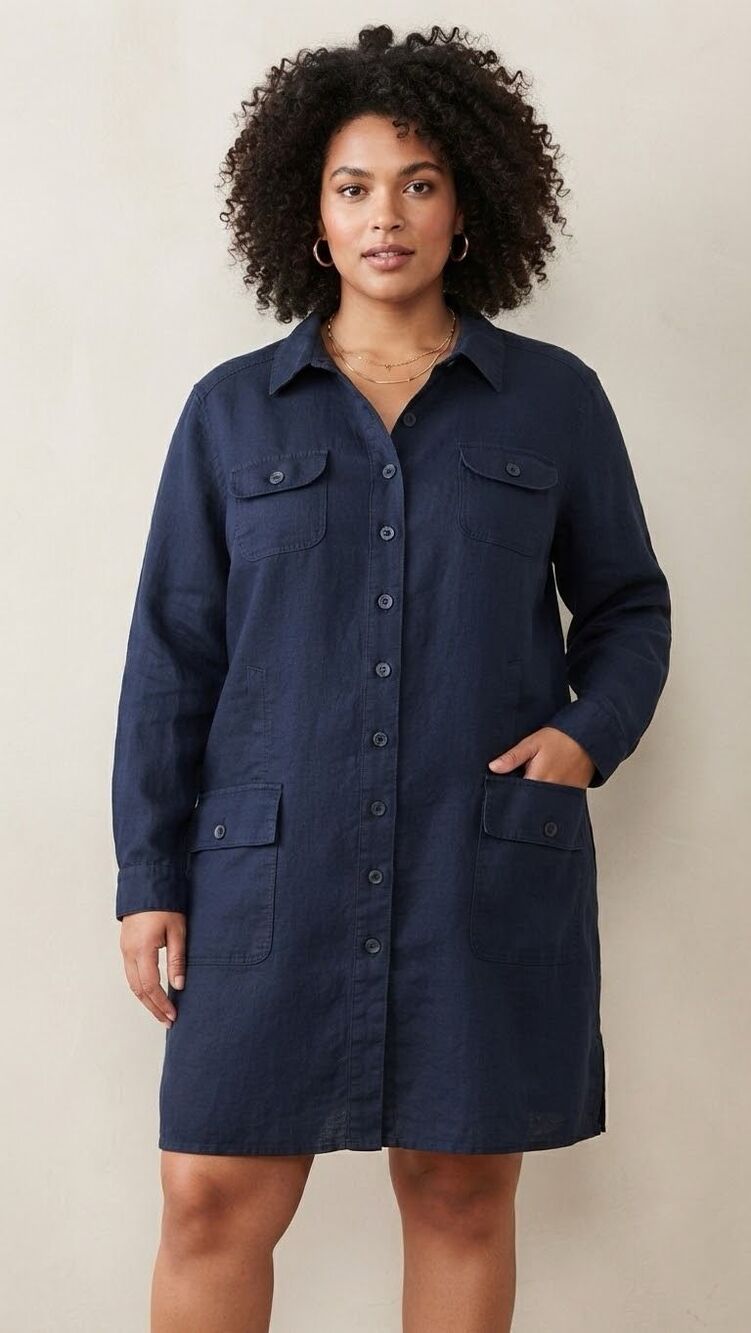 J.G. Hook Navy Blue 100% Linen Utility Shirt Dress Long Tunic Size 20W Pocket